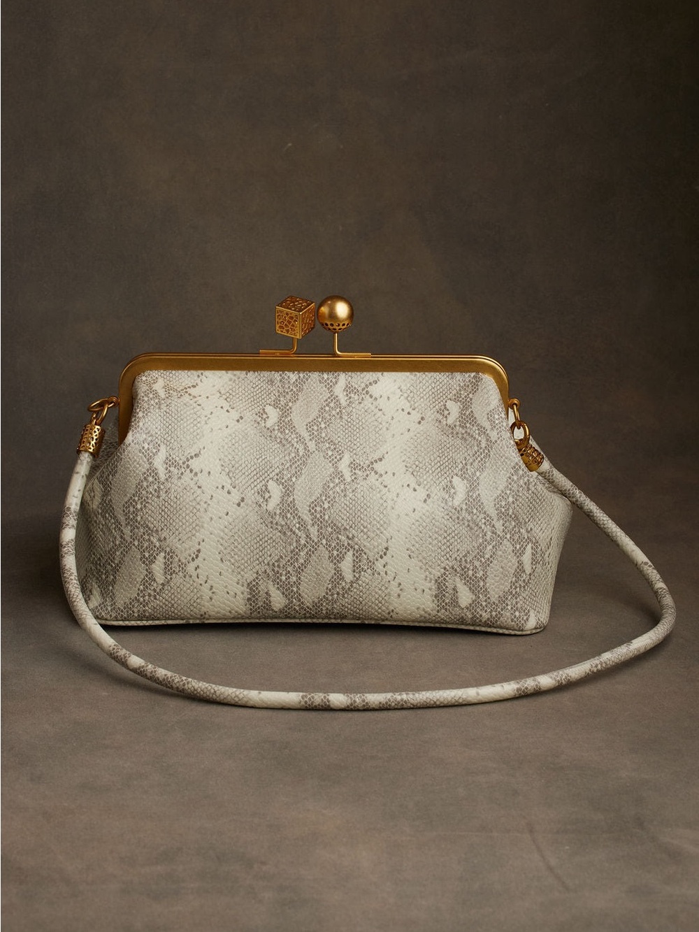 Elegant Cream Snake-Print Frame Shoulder Bag